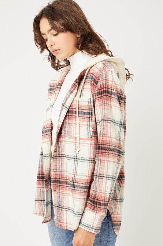 Plaid flannel hoodie button up wit front pockets and funcional drawstring on hoodie. Flannel is a cream base with black and terracotta plaid.  