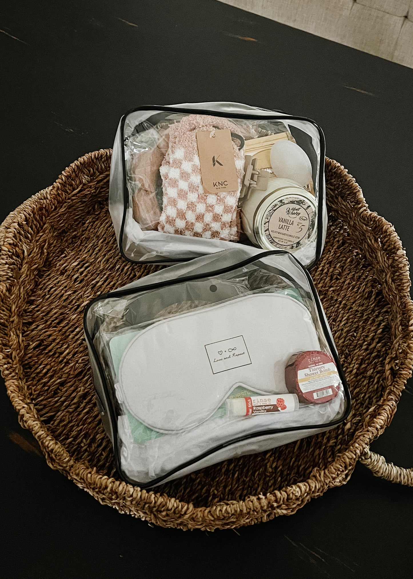 Self care gift bags. large bags includes: lear bag 9.44x7.09x2.75, spa headband, fuzzy socks, shower steamer, chapstick, hair clip, lip mask, eye mask, facial scrubbing pad, silk eye mask and soy candle. Small bag includes: clear bag 4.13x5.9x2.75, bow spa headband, fuzzy socks, shower steamer, chapstick, hair clip, lip mask, eye mask. Colors vary.