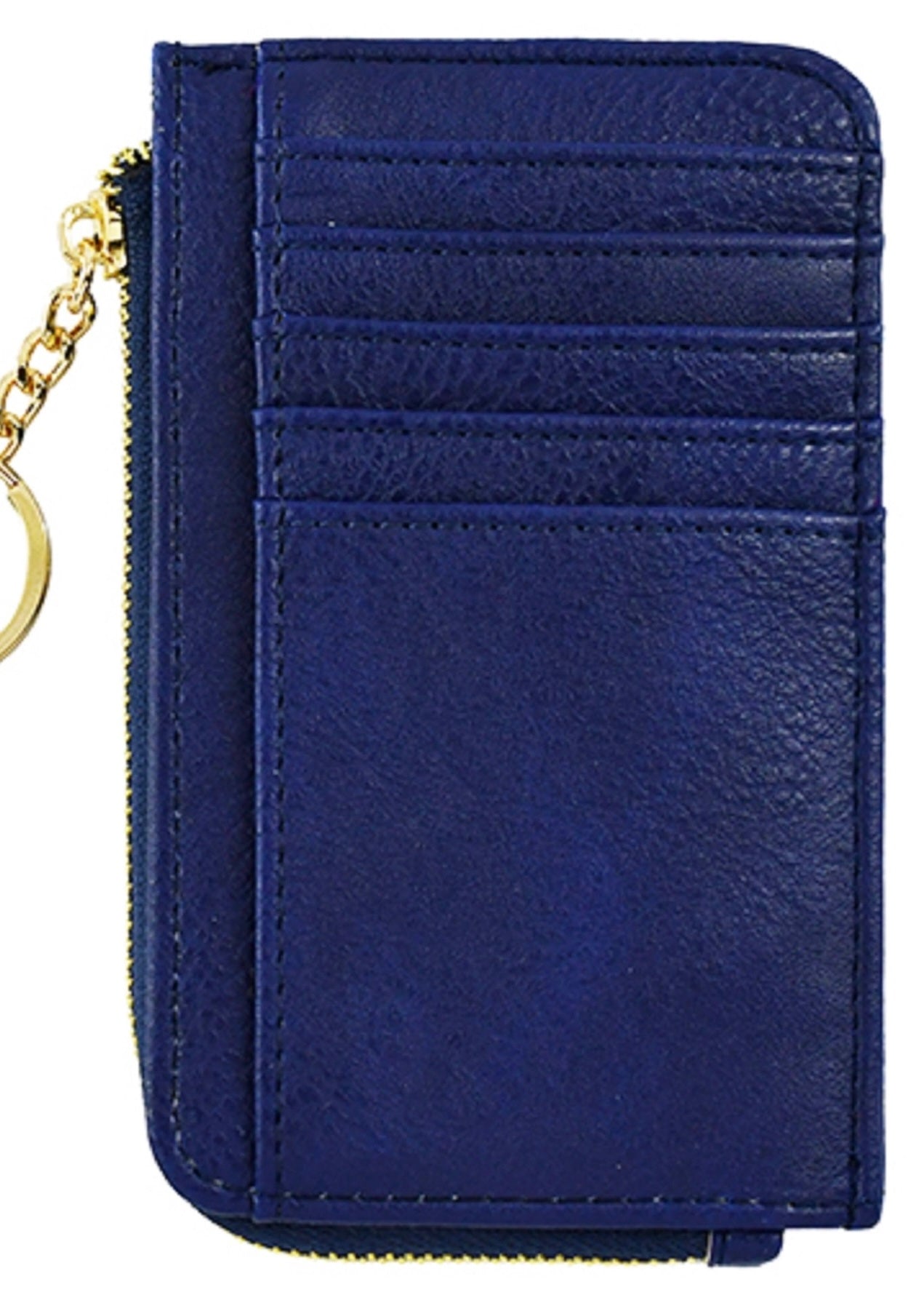Vegan leather card wallet approximately 5.25 x 3.25. Card holder stores up to 6 cards and features a small zippered coin compartment with keychain ring. Shown in navy.