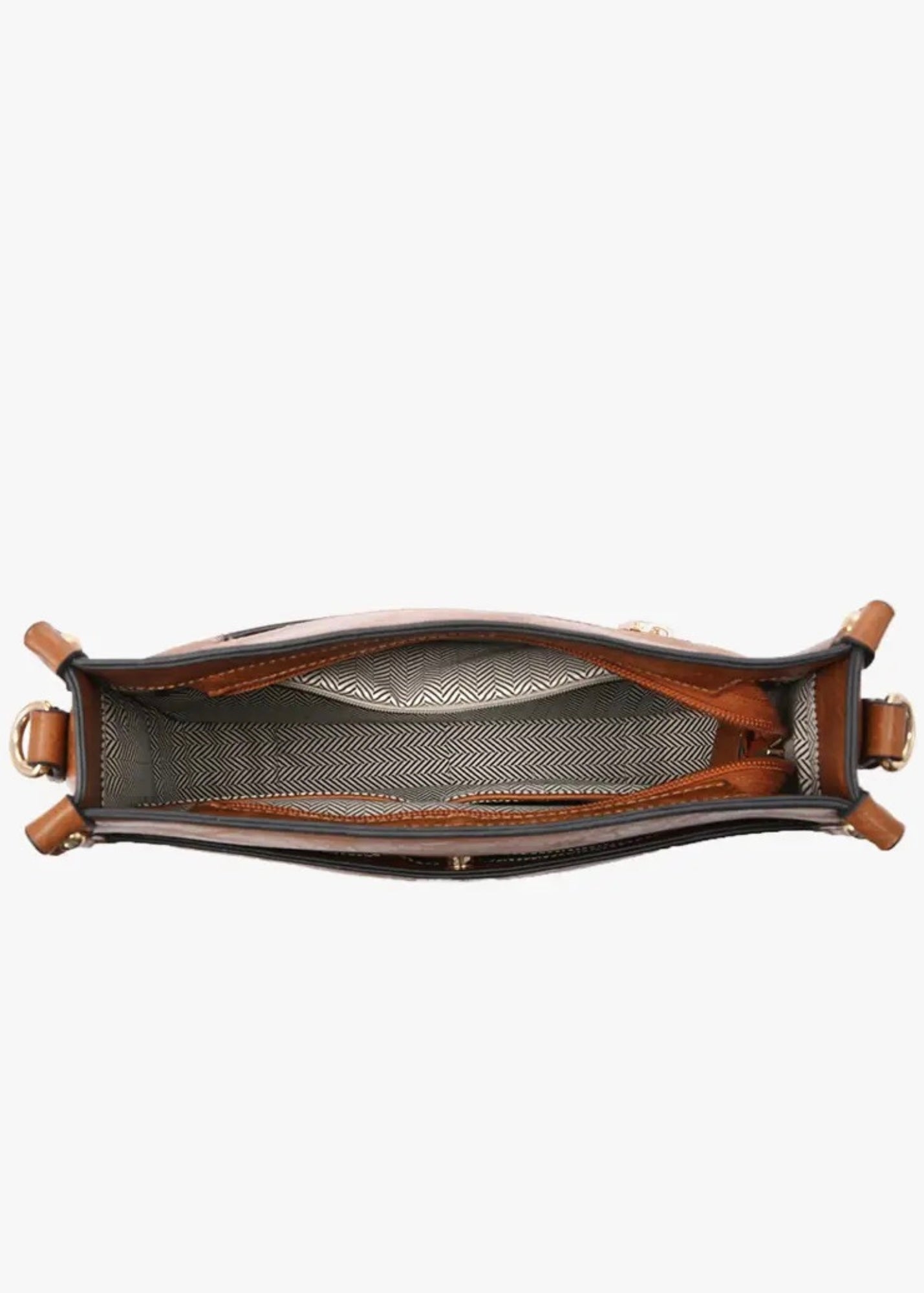Vegan leather crossbody purse with adjustable black guitar strap. Front has a snap slip pocket, top zip closure to keep your belongings secure.  Dimensions of 10x10x2.5 inches.
