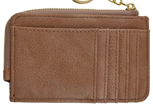 Vegan leather card wallet approximately 5.25 x 3.25. Card holder stores up to 6 cards and features a small zippered coin compartment with keychain ring. Shown in light brown.