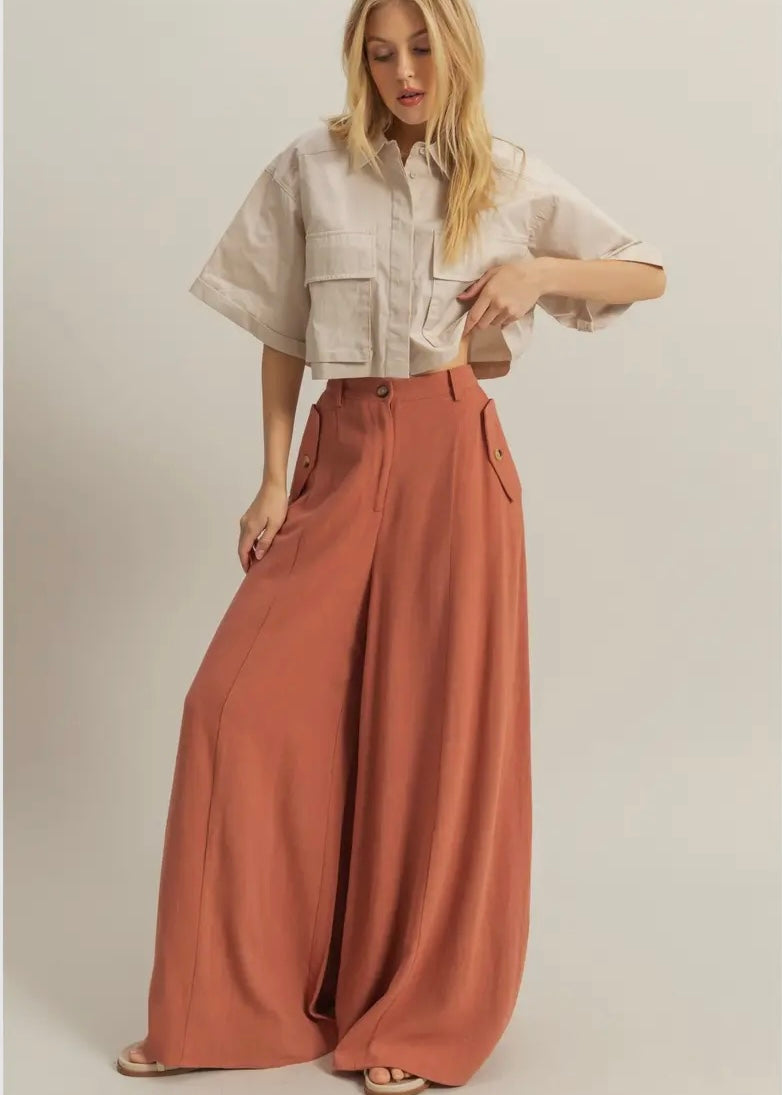 Linen Blend Flowy Pants