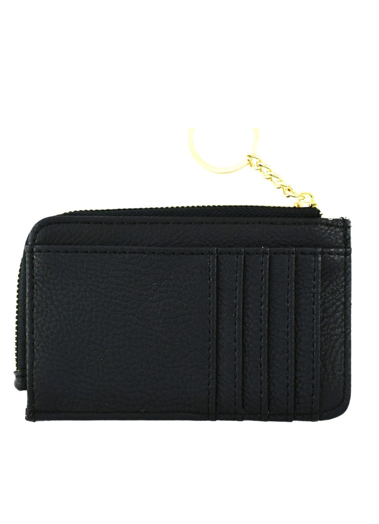 Vegan leather card wallet approximately 5.25 x 3.25. Card holder stores up to 6 cards and features a small zippered coin compartment with keychain ring. Shown in black.