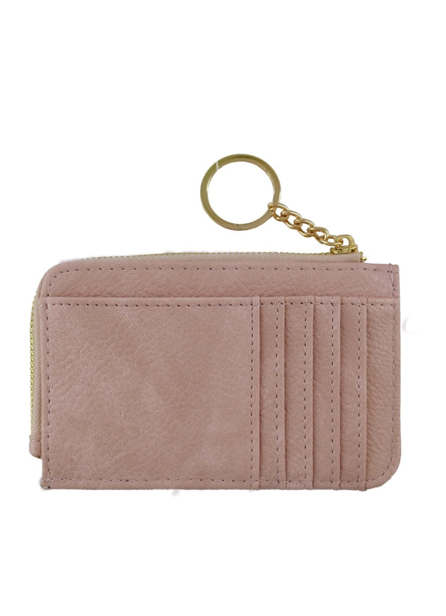 Vegan leather card wallet approximately 5.25 x 3.25. Card holder stores up to 6 cards and features a small zippered coin compartment with keychain ring. Shown in blush.