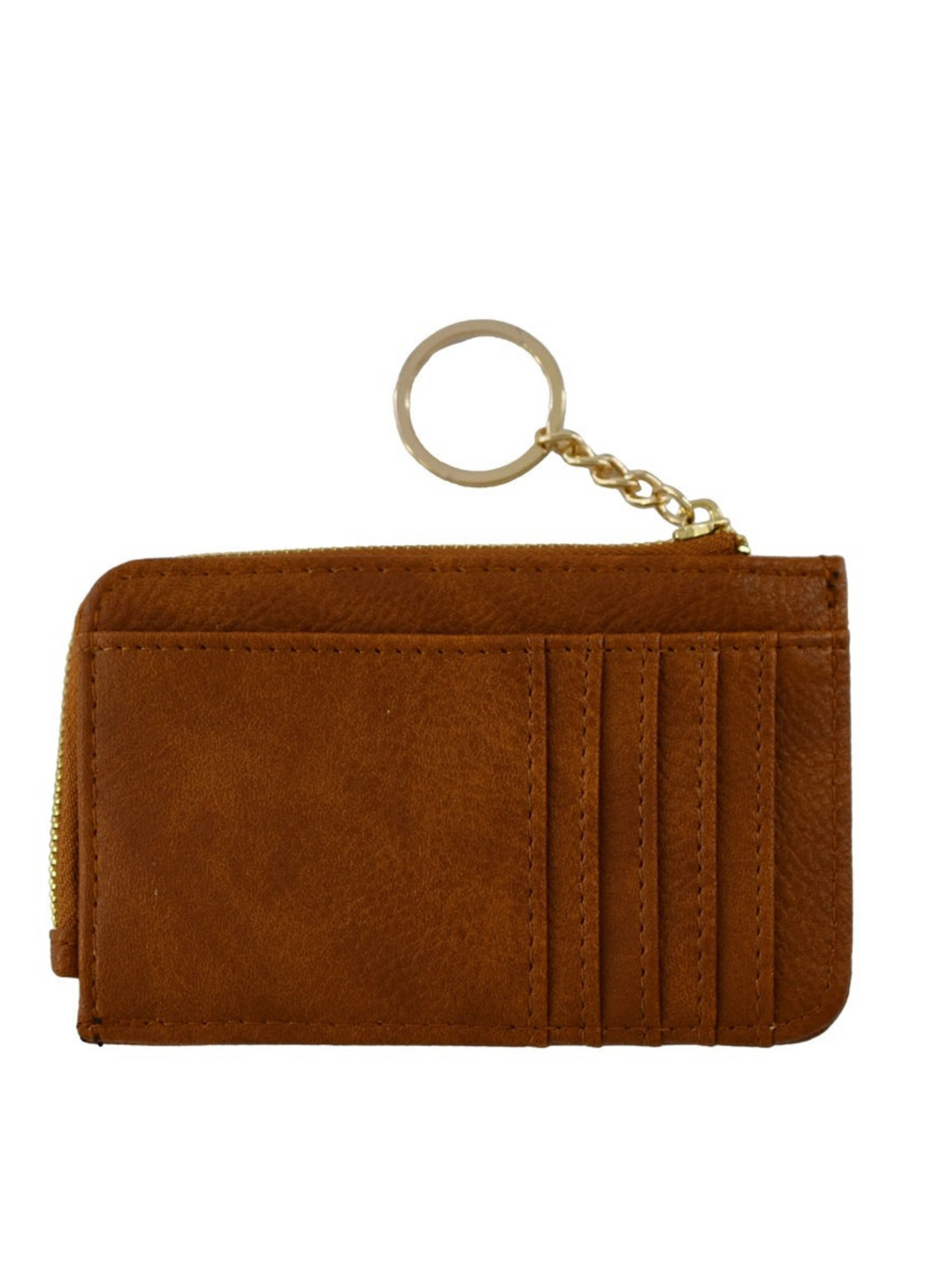 Vegan leather card wallet approximately 5.25 x 3.25. Card holder stores up to 6 cards and features a small zippered coin compartment with keychain ring. Shown in brown.