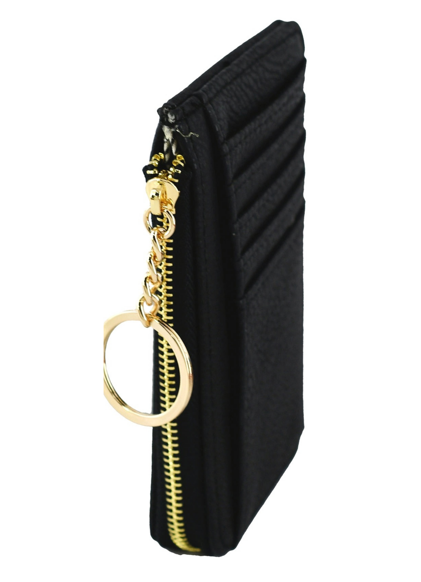 Vegan leather card wallet approximately 5.25 x 3.25. Card holder stores up to 6 cards and features a small zippered coin compartment with keychain ring. Shown in black.