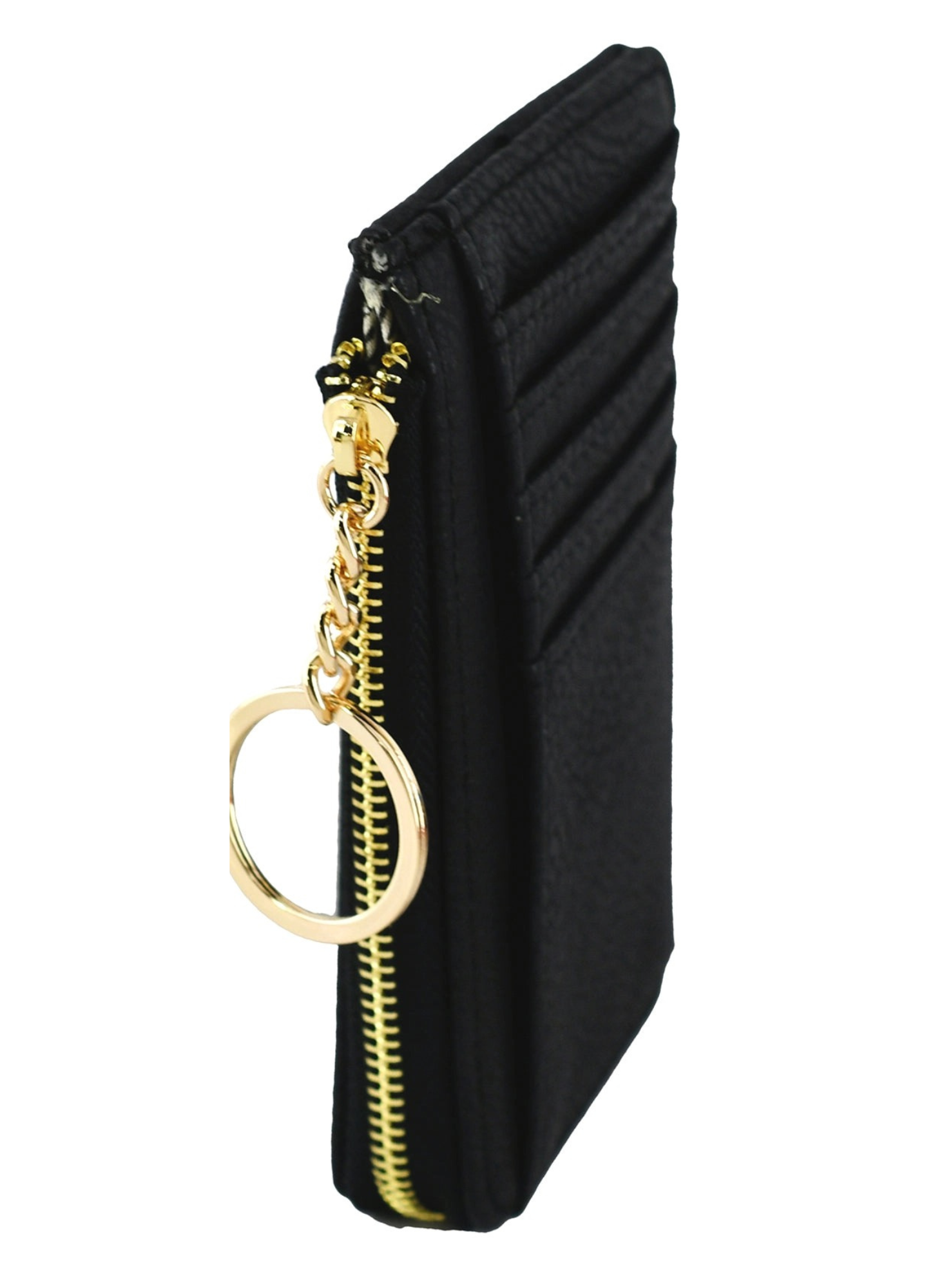 Vegan leather card wallet approximately 5.25 x 3.25. Card holder stores up to 6 cards and features a small zippered coin compartment with keychain ring. Shown in black.