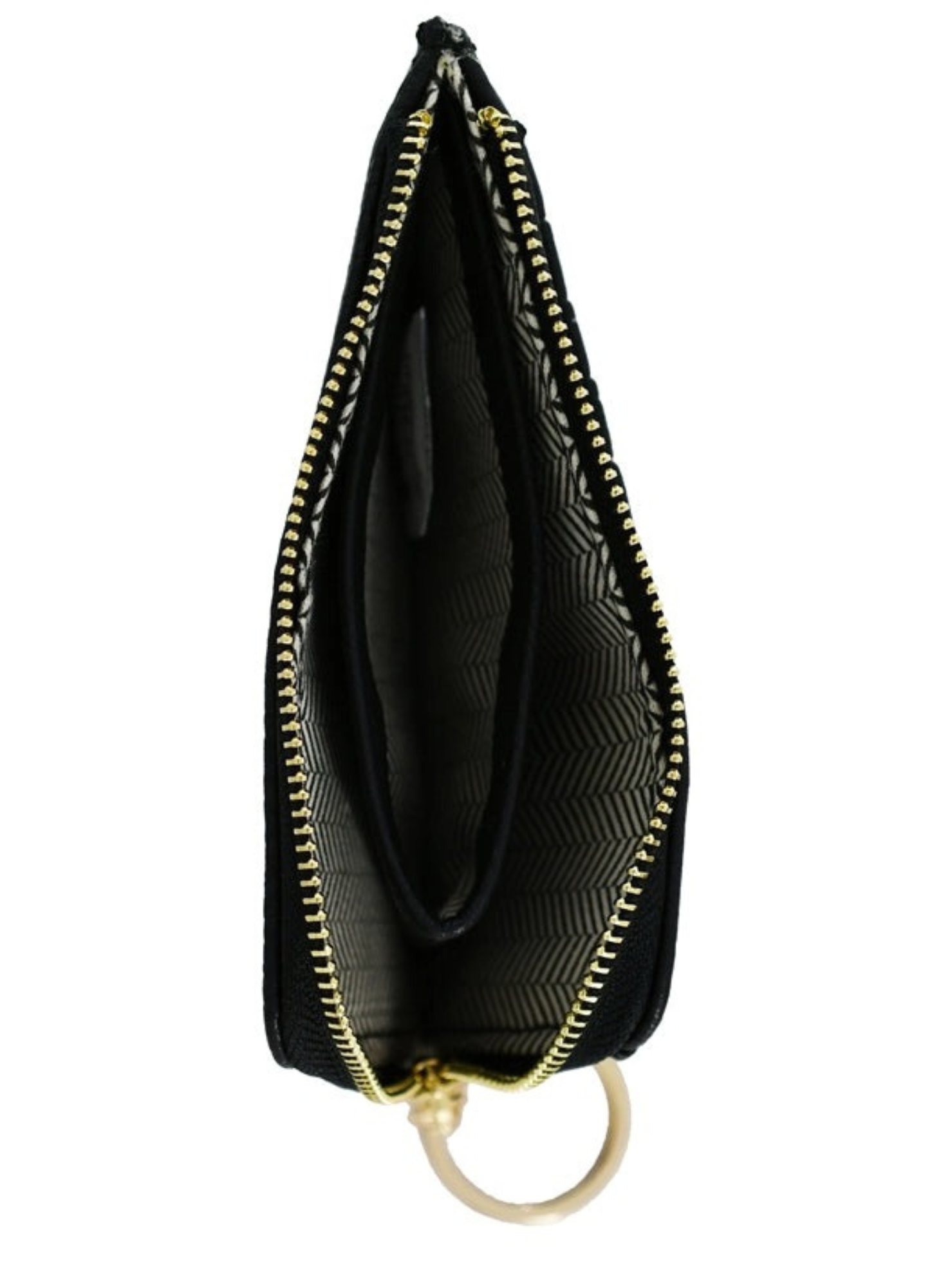 Vegan leather card wallet approximately 5.25 x 3.25. Card holder stores up to 6 cards and features a small zippered coin compartment with keychain ring. Shown in black.