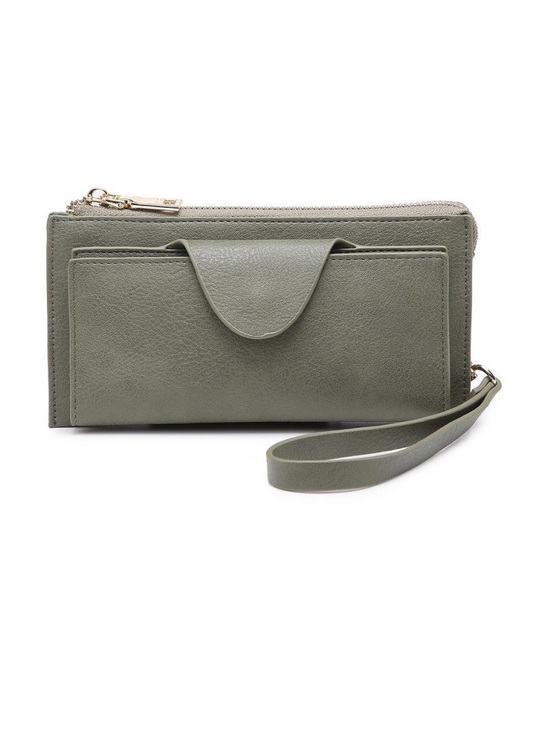 Rfid Wallet With a front snap closure  with card slots and zip change pocket on the front. Top Made of a soft vegan leather. Top zip closure with divided pocket. Shown in olive.