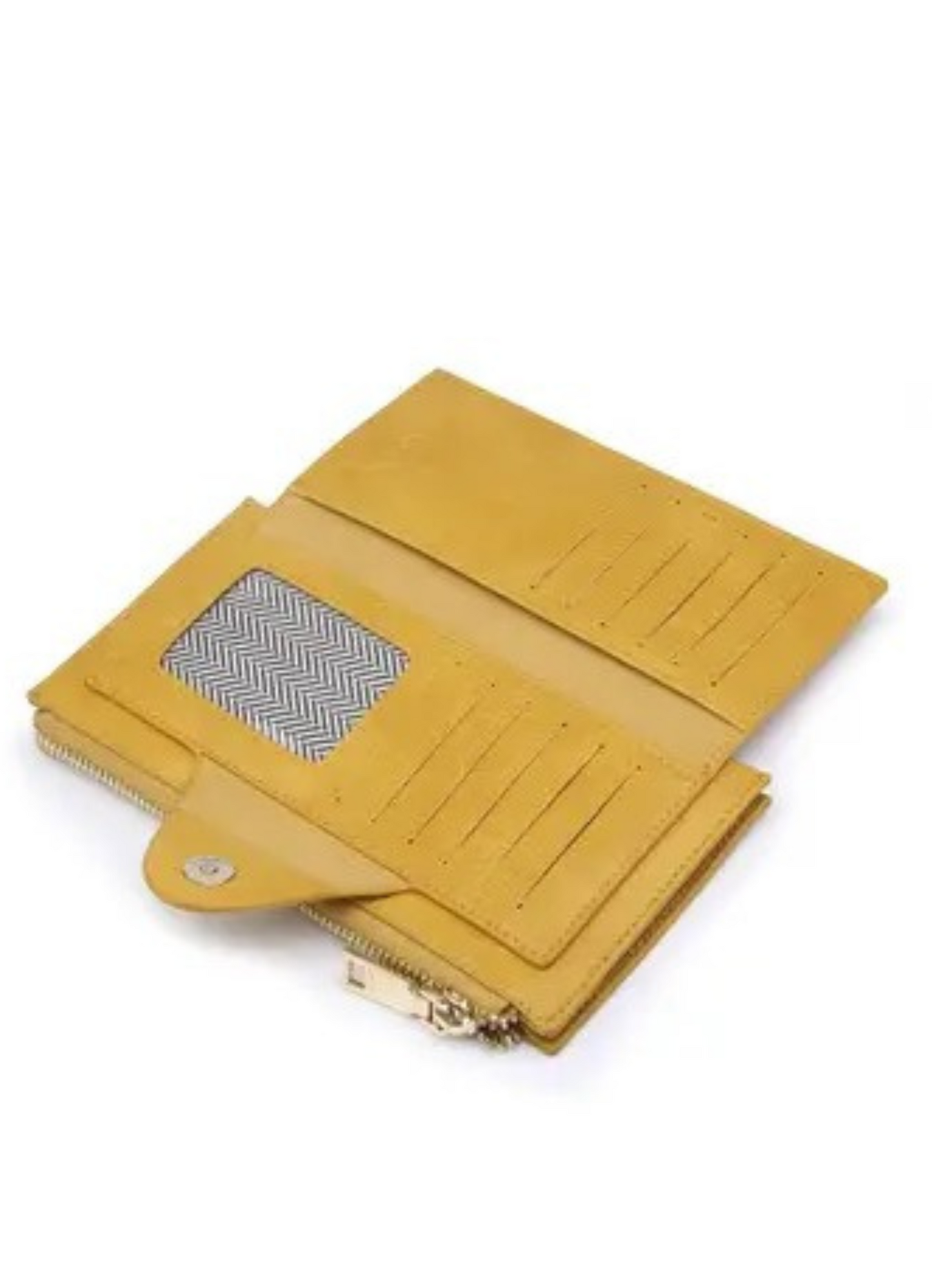Rfid Wallet With a front snap closure  with card slots and zip change pocket on the front. Top Made of a soft vegan leather. Top zip closure with divided pocket.
