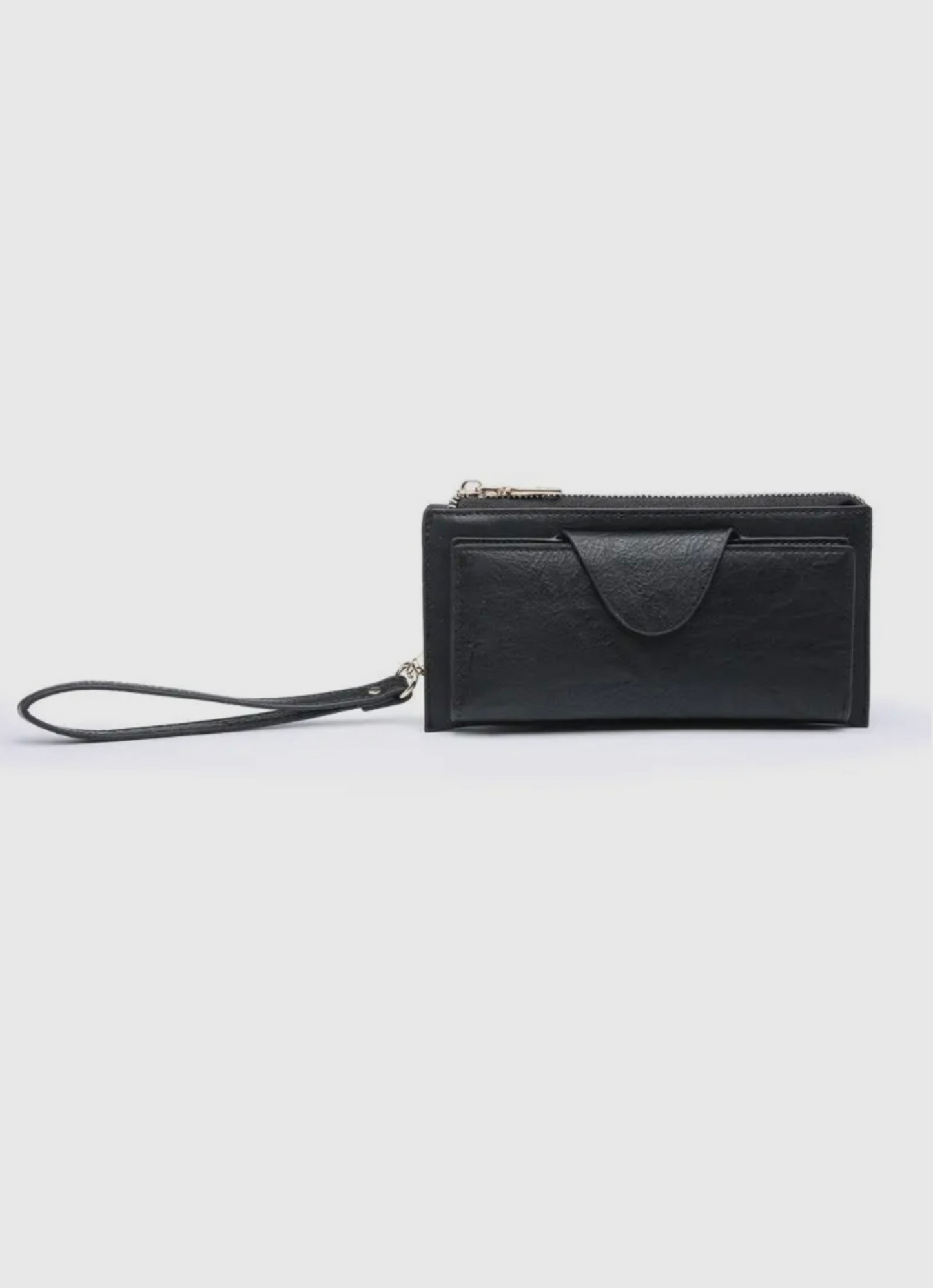 Rfid Wallet With a front snap closure  with card slots and zip change pocket on the front. Top Made of a soft vegan leather. Top zip closure with divided pocket. Shown in black.