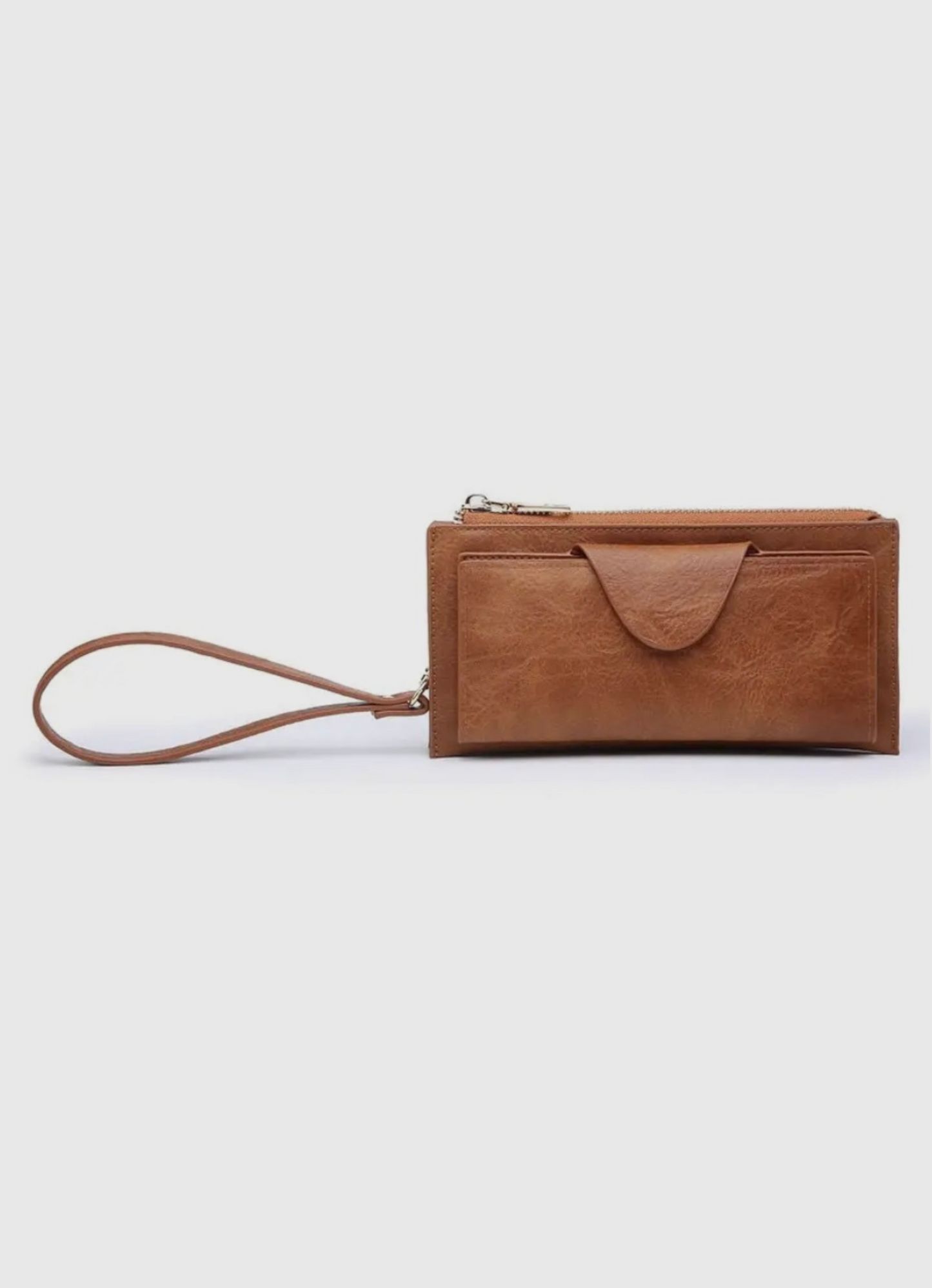 Rfid Wallet With a front snap closure  with card slots and zip change pocket on the front. Top Made of a soft vegan leather. Top zip closure with divided pocket. Shown in brown.