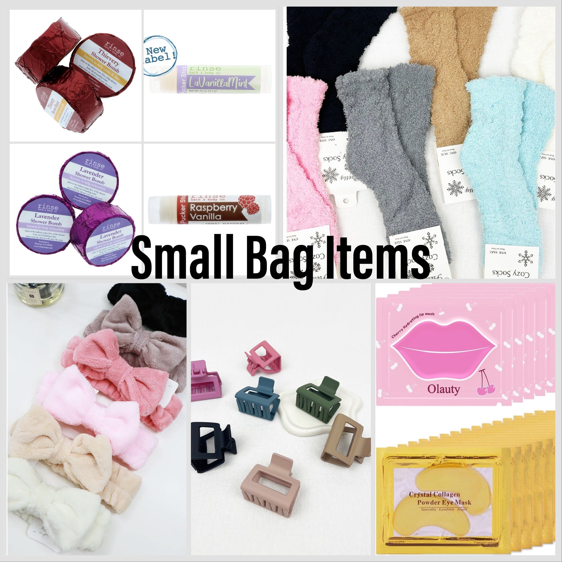 Self care gift bags. large bags includes: lear bag 9.44x7.09x2.75, spa headband, fuzzy socks, shower steamer, chapstick, hair clip, lip mask, eye mask, facial scrubbing pad, silk eye mask and soy candle. Small bag includes: clear bag 4.13x5.9x2.75, bow spa  headband, fuzzy socks, shower steamer, chapstick, hair clip, lip mask, eye mask. Colors vary.