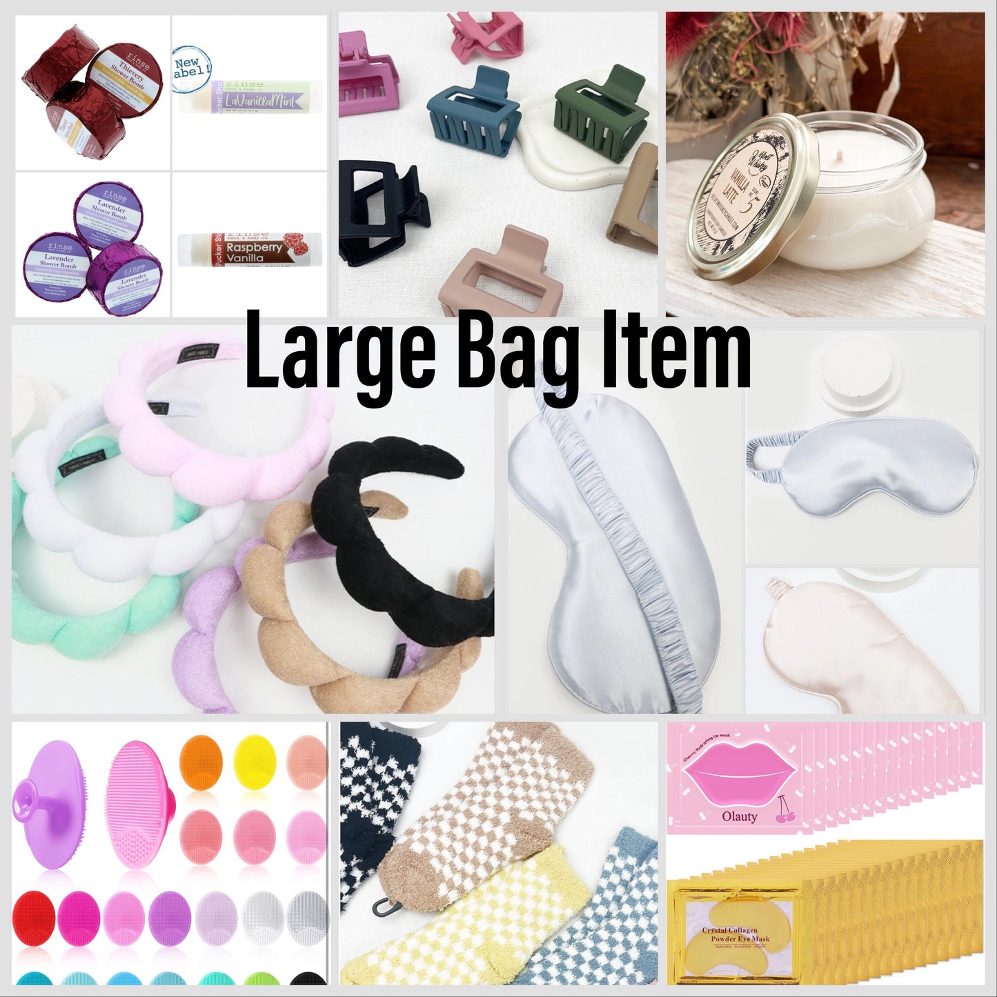 Self care gift bags. large bags includes: lear bag 9.44x7.09x2.75, spa headband, fuzzy socks, shower steamer, chapstick, hair clip, lip mask, eye mask, facial scrubbing pad, silk eye mask and soy candle. Small bag includes: clear bag 4.13x5.9x2.75, bow spa headband, fuzzy socks, shower steamer, chapstick, hair clip, lip mask, eye mask. Colors vary.