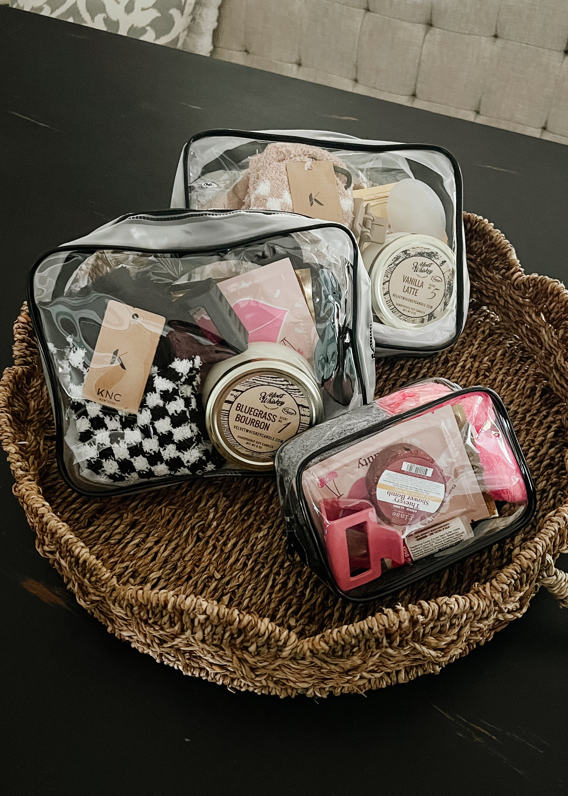 Self care gift bags. large bags includes: lear bag 9.44x7.09x2.75, spa headband, fuzzy socks, shower steamer, chapstick, hair clip, lip mask, eye mask, facial scrubbing pad, silk eye mask and soy candle. Small bag includes: clear bag 4.13x5.9x2.75, bow spa  headband, fuzzy socks, shower steamer, chapstick, hair clip, lip mask, eye mask. Colors vary.