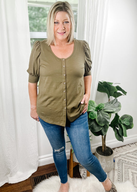 Button Down Top W/Puff Sleeve