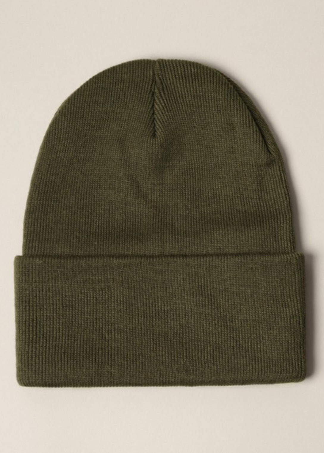 Olive beanie hat in a soft knit with wide cuff.