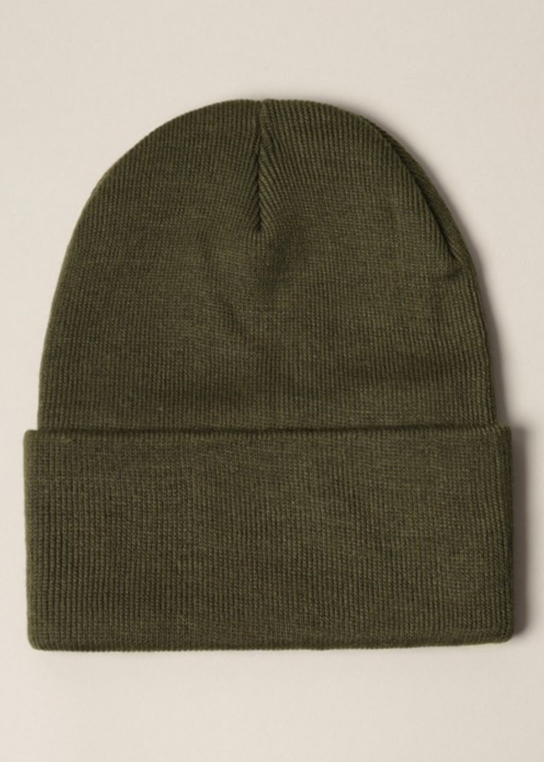 Olive beanie hat in a soft knit with wide cuff. 