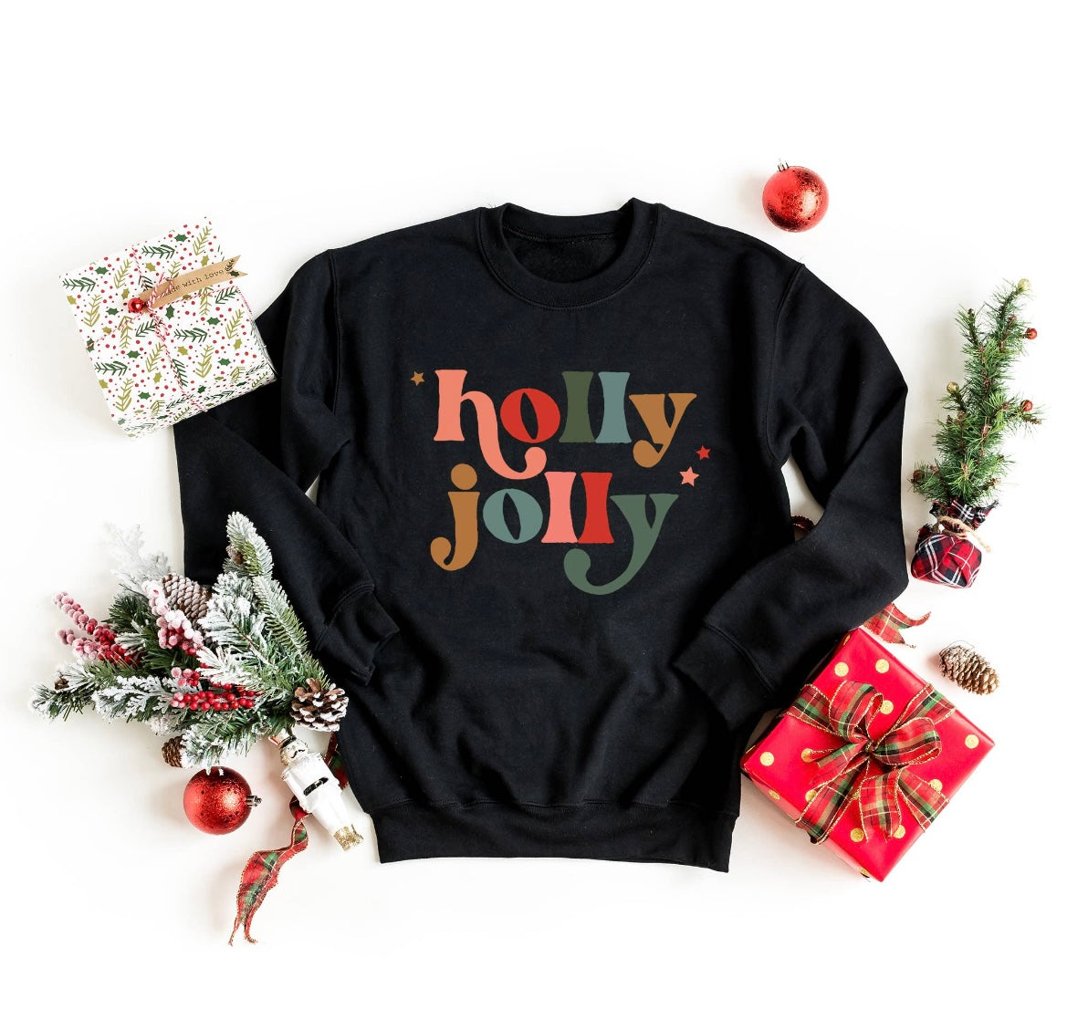 Black Holly Jolly sweatshirt. Holly jolly in multi color with 3 small stars.