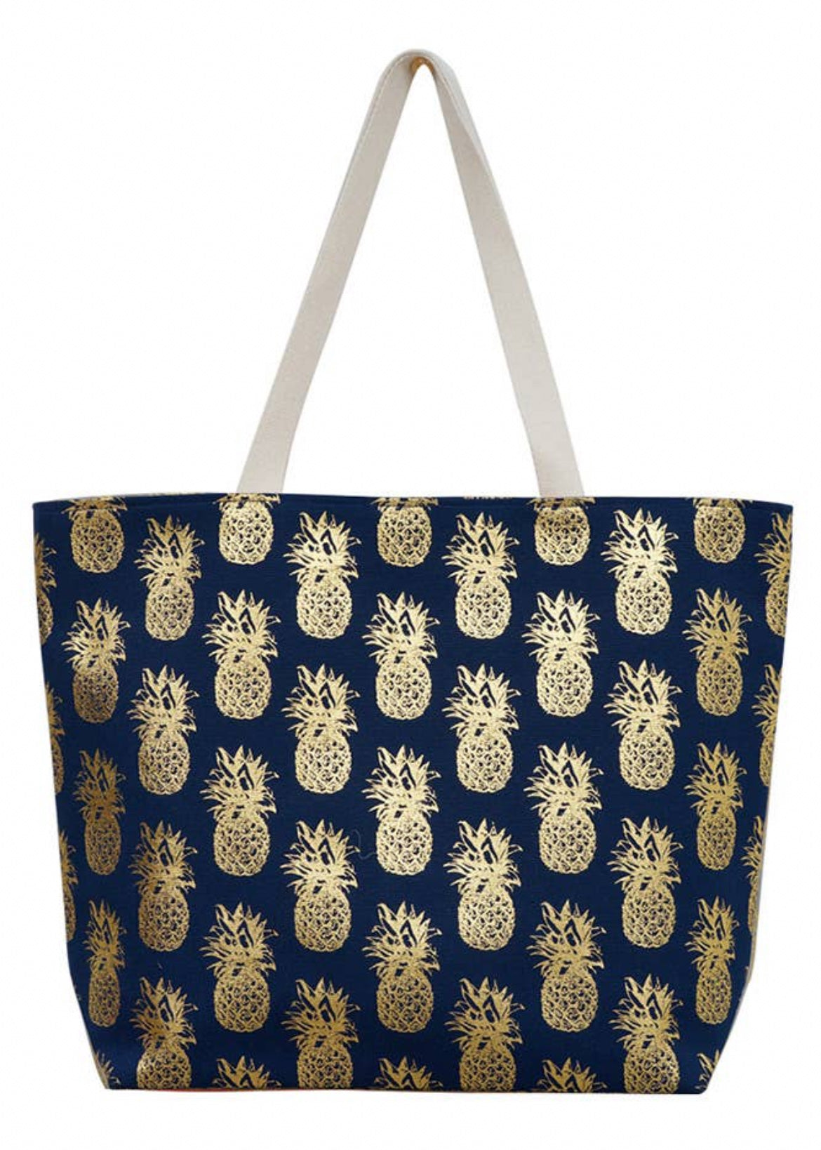 Navy beach bag with gold foil tropical pineapples  imprinted  throughout.  Bag has a snap closure and long straps. 