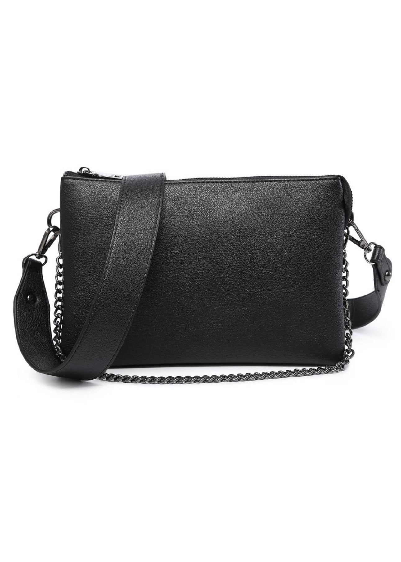 Black vegan leather crossbody purse with  2 removable straps. One strap is gun metal chain and the other is a vegan leather crossbody. Purse is 10 x 7 x 2 and had 3 compartments inside.