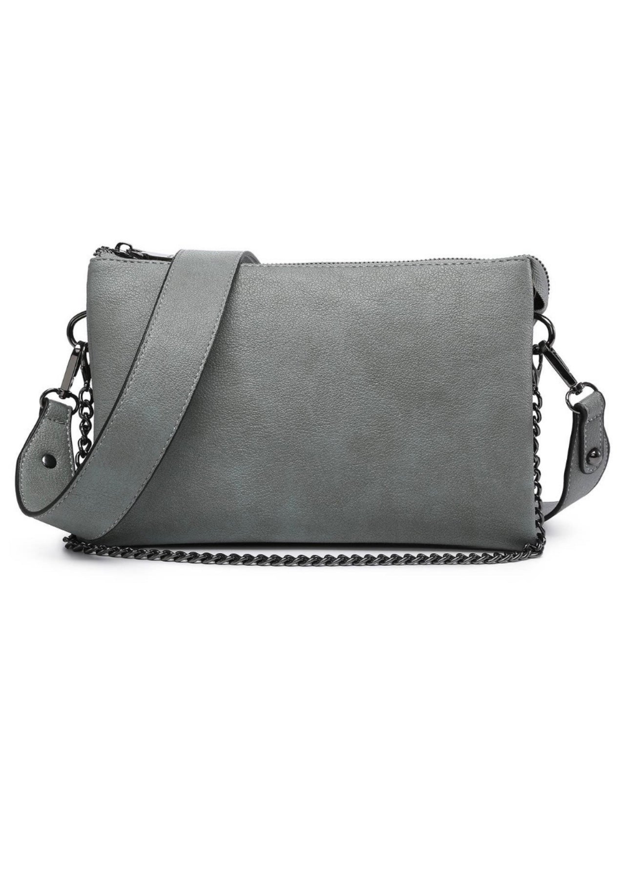 Earth Gray vegan leather crossbody purse with  2 removable straps. One strap is gun metal chain and the other is a vegan leather crossbody. Purse is 10 x 7 x 2 and had 3 compartments inside.