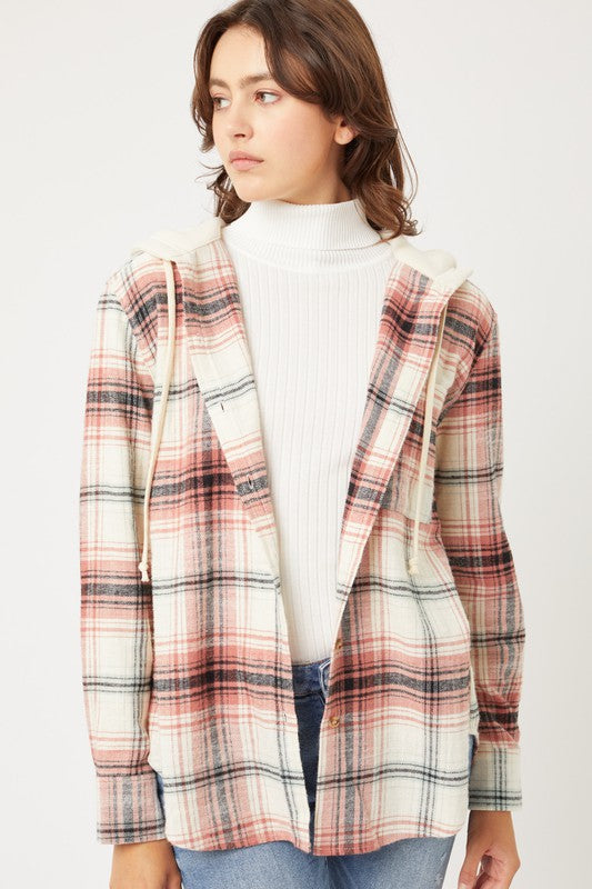 Plaid flannel hoodie button up wit front pockets and funcional drawstring on hoodie. Flannel is a cream base with black and terracotta plaid.  