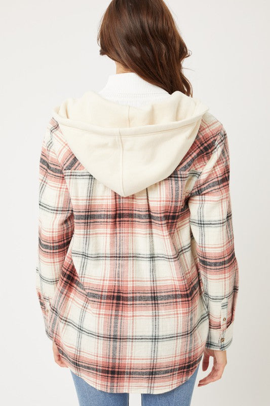 Plaid flannel hoodie button up wit front pockets and funcional drawstring on hoodie. Flannel is a cream base with black and terracotta plaid.  