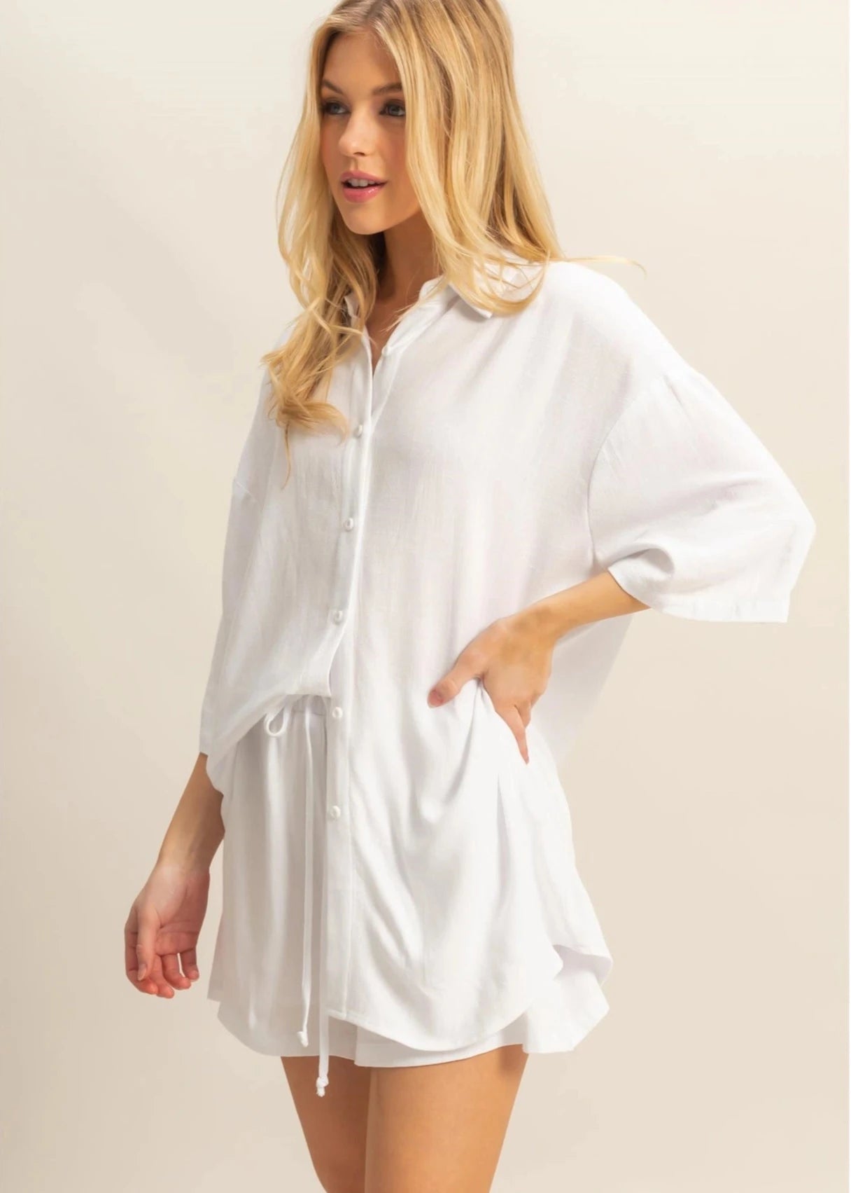 White Relaxed Shirt & Short Set