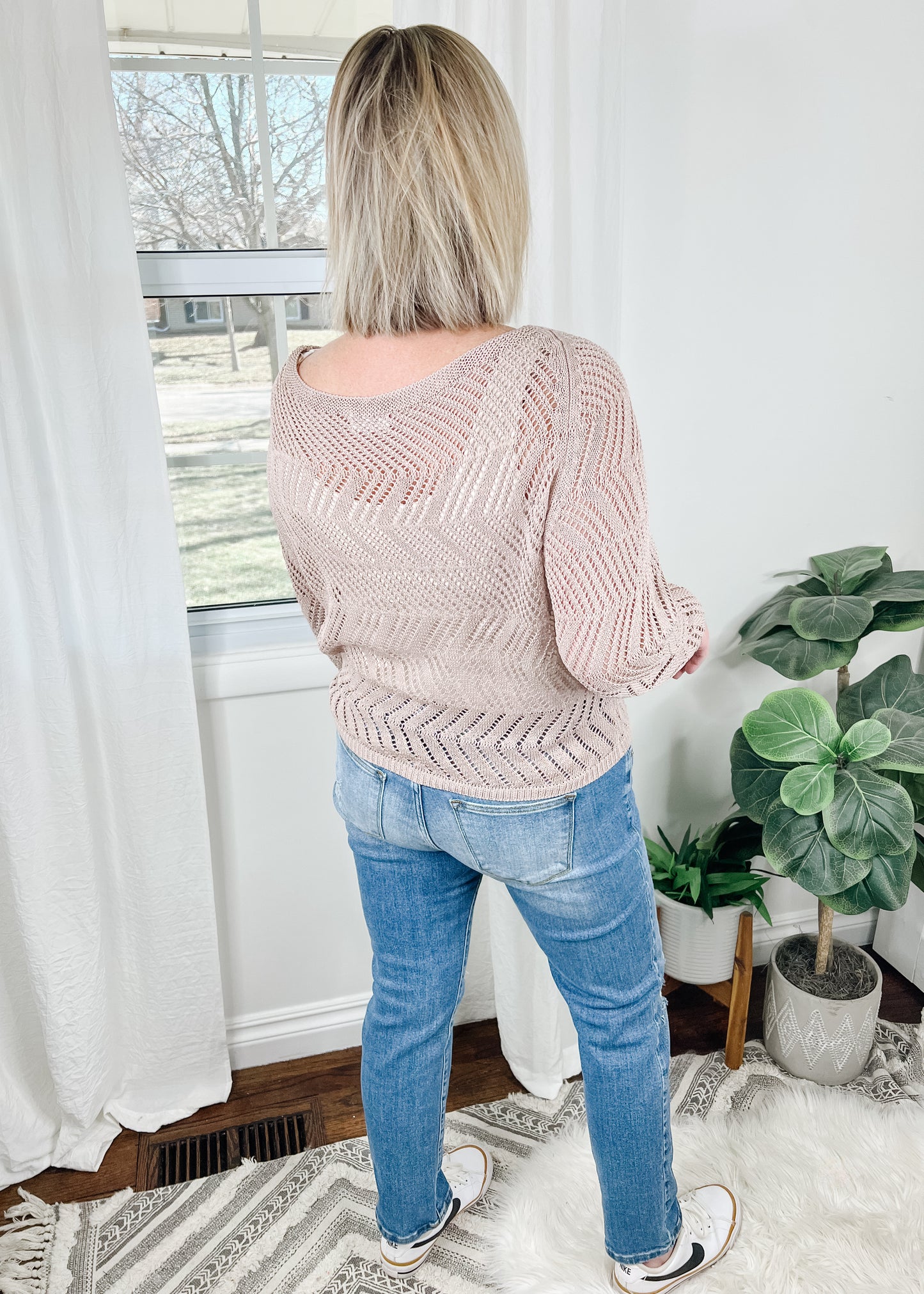 Open Knit Boat Neck Top