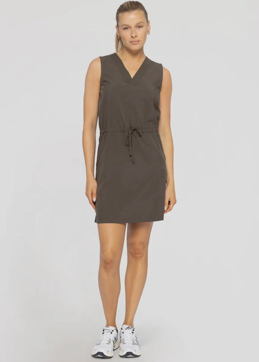 Active dress in a dark olive.  Tank top style with v-neckline, functional drawstring at waist and side pockets.  Dress is approximately 4-5 inches above the knee.