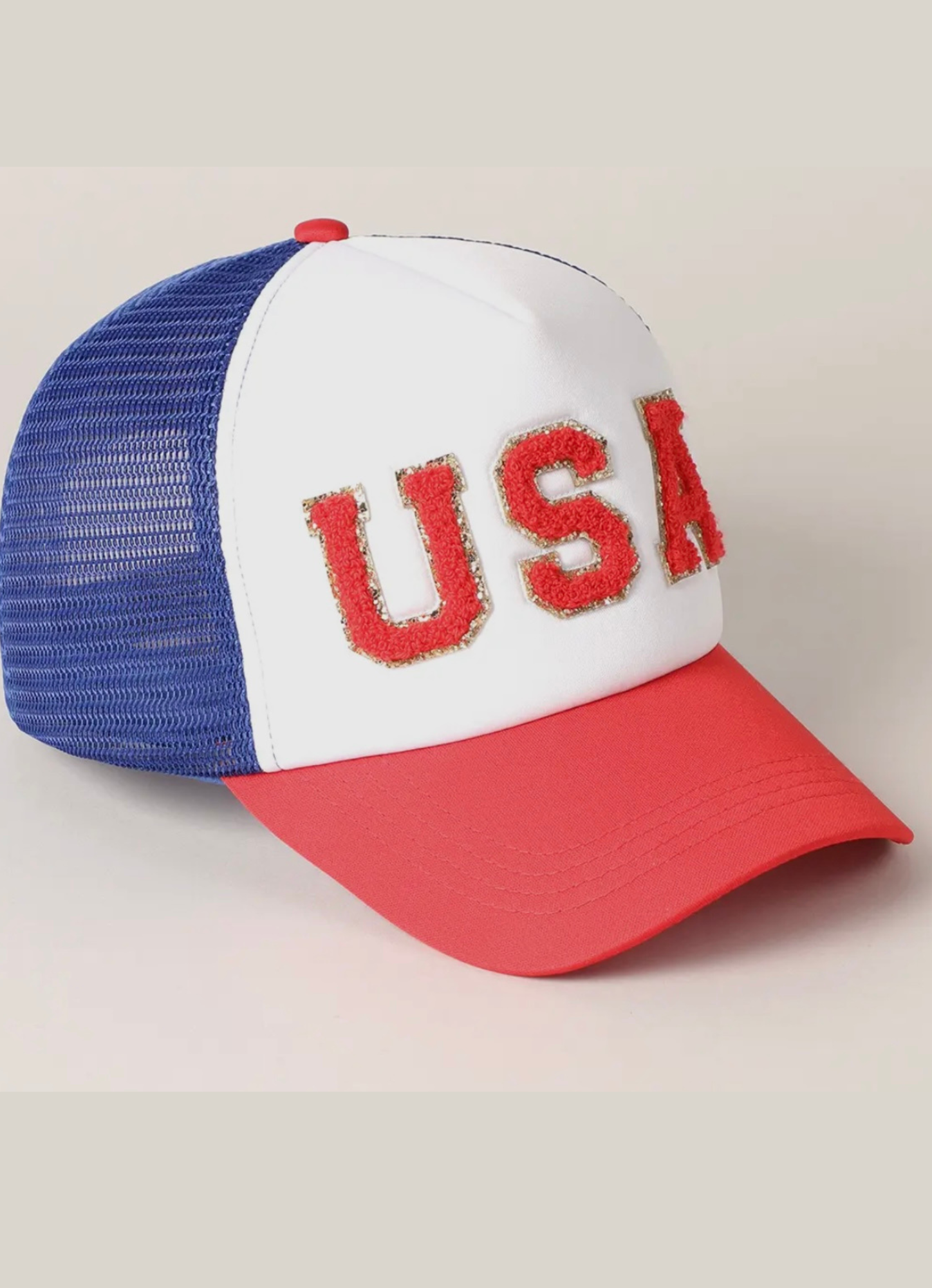 USA trucker hat in red, white and blue. 