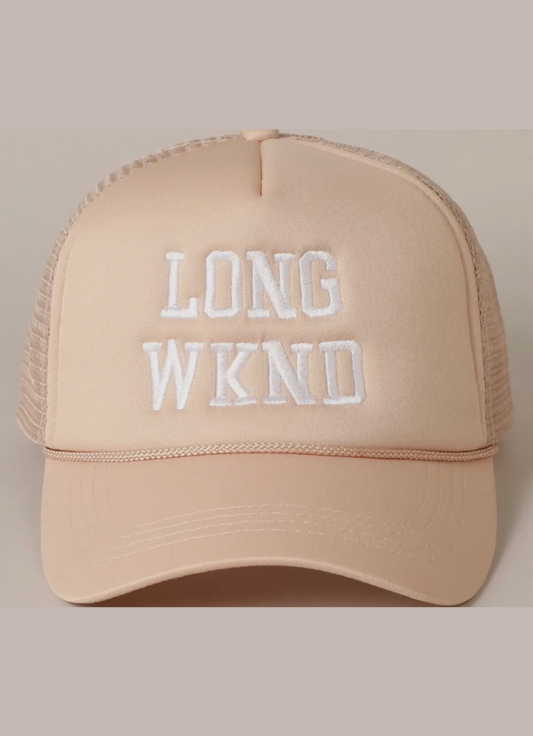 Light tan Long WKND foam trucker hat. Long WKND embroidered in white. 