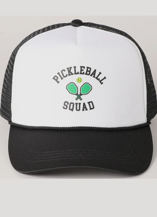 Pickleball Squad trucker hat in black and white.  Front is white with Pickleball Squad on the front in black.  One size fits most.  