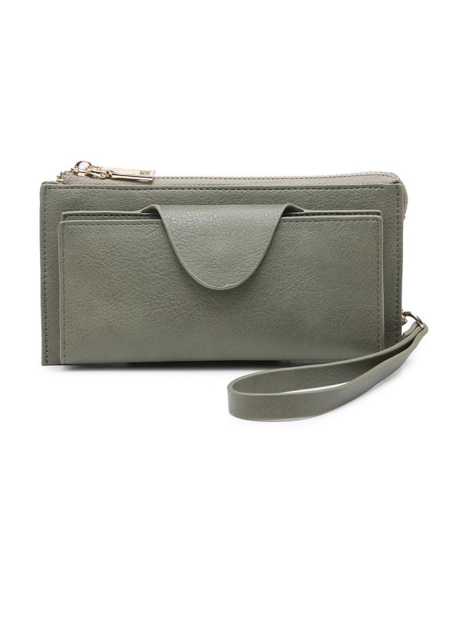 Rfid Wallet With a front snap closure  with card slots and zip change pocket on the front. Top Made of a soft vegan leather. Top zip closure with divided pocket. Shown in olive. 