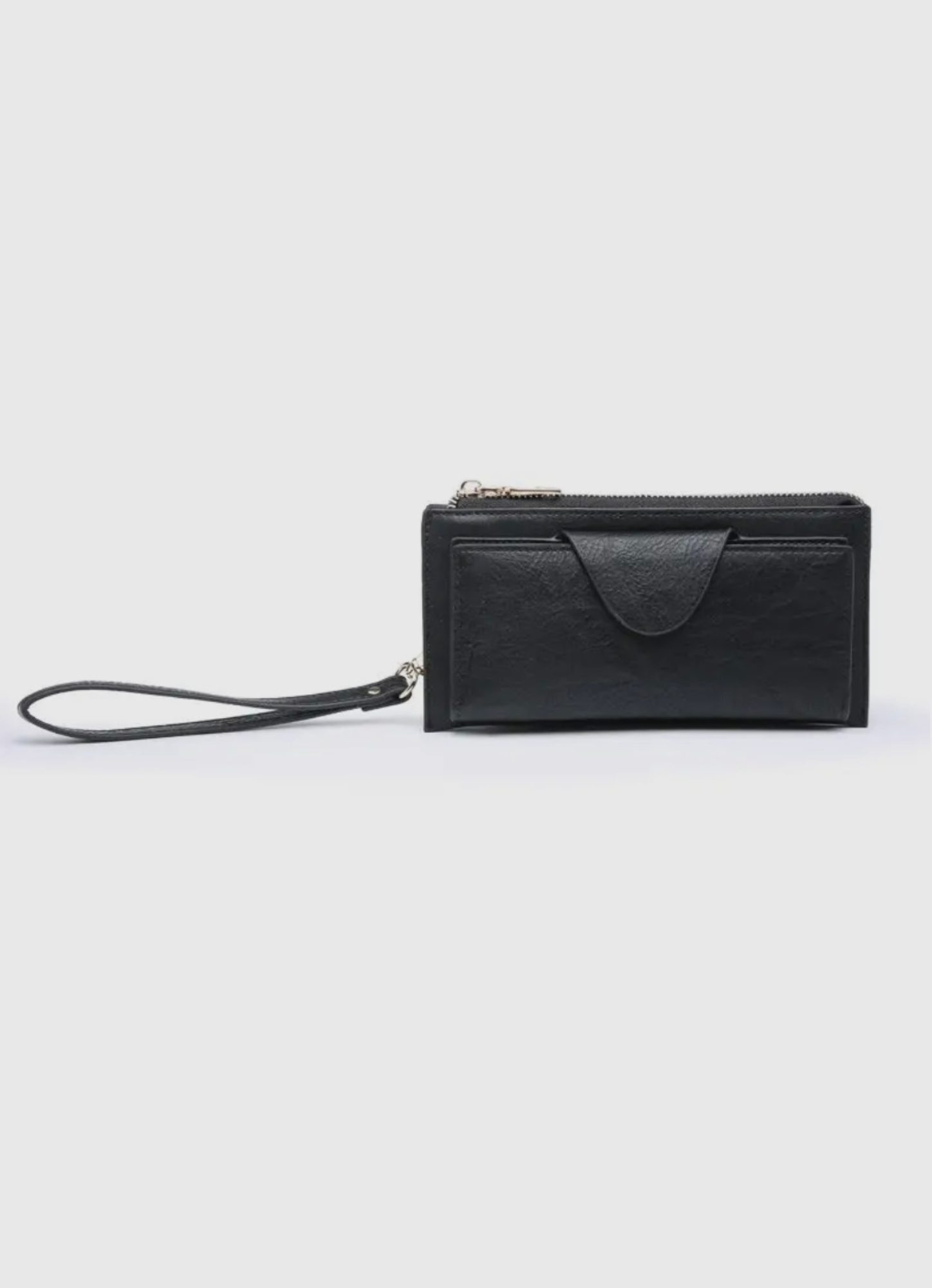 Rfid Wallet With a front snap closure  with card slots and zip change pocket on the front. Top Made of a soft vegan leather. Top zip closure with divided pocket. Shown in black. 