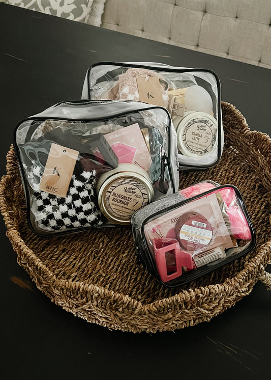 Self care gift bags. large bags includes: lear bag 9.44x7.09x2.75, spa headband, fuzzy socks, shower steamer, chapstick, hair clip, lip mask, eye mask, facial scrubbing pad, silk eye mask and soy candle. Small bag includes: clear bag 4.13x5.9x2.75, bow spa  headband, fuzzy socks, shower steamer, chapstick, hair clip, lip mask, eye mask. Colors vary. 