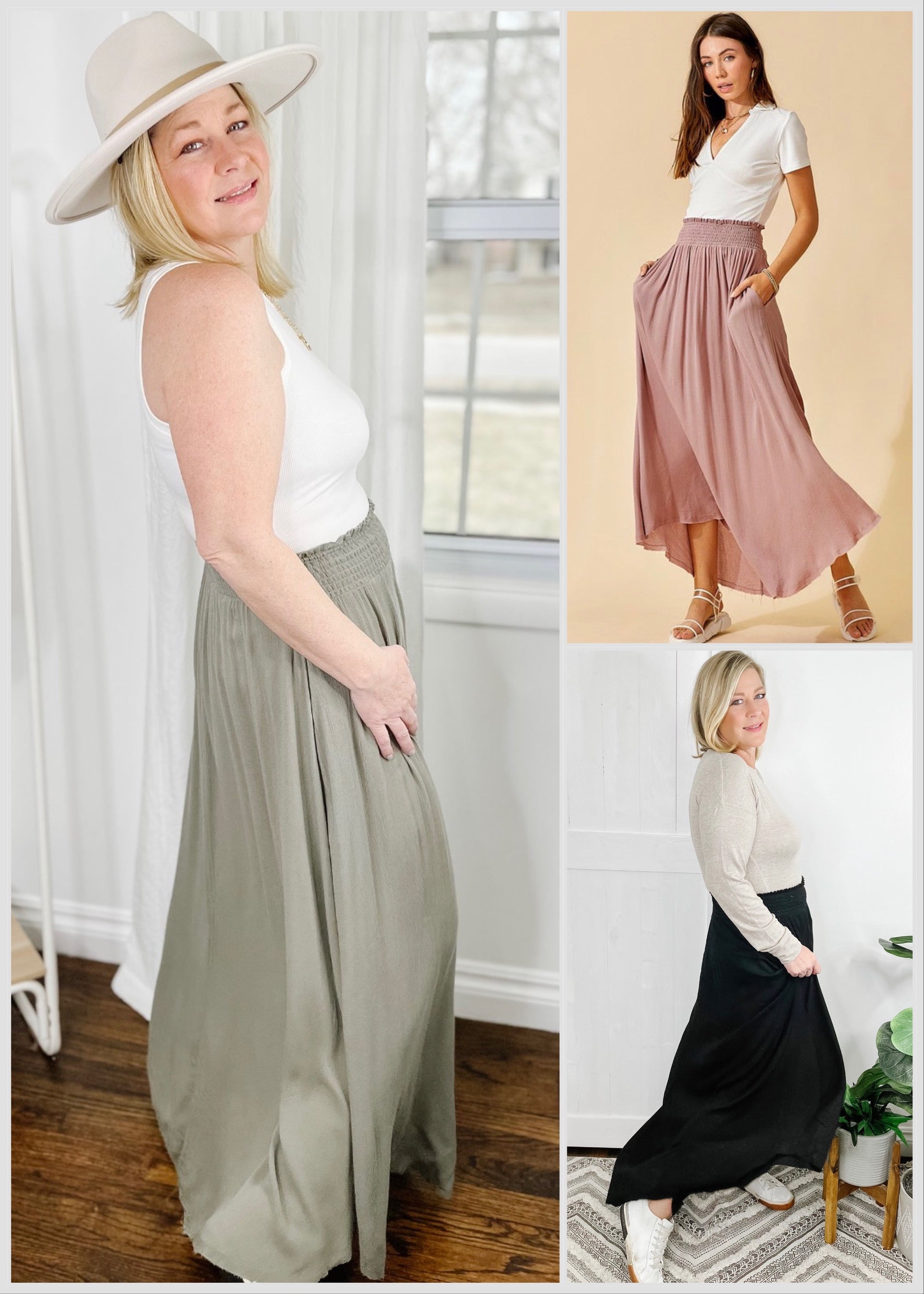 Maxi skirt with a smocked waist, made of lightweight flowy fabric, fully lined  and has side pockets. Shown in mauve, black and light olive. 