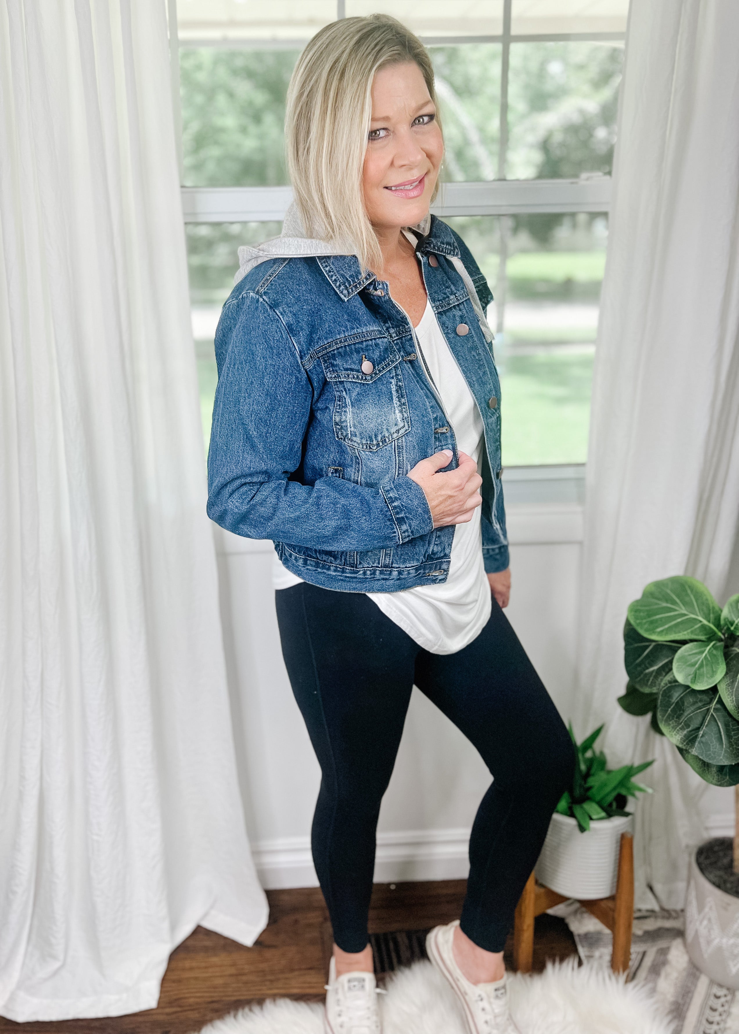 black jean jacket with black hoodie – All There Boutique