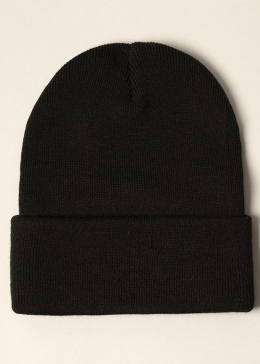 Soft knit black beanie hat.