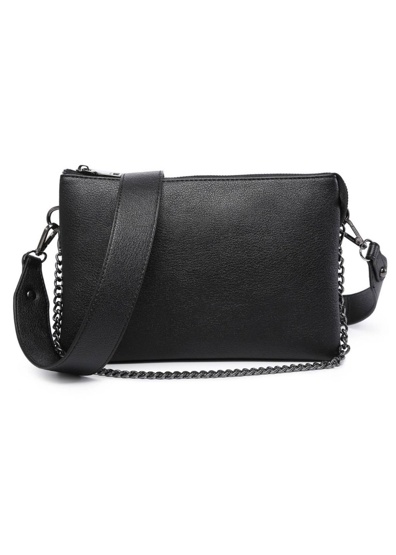 Black vegan leather crossbody purse with  2 removable straps. One strap is gun metal chain and the other is a vegan leather crossbody. Purse is 10 x 7 x 2 and had 3 compartments inside. 
