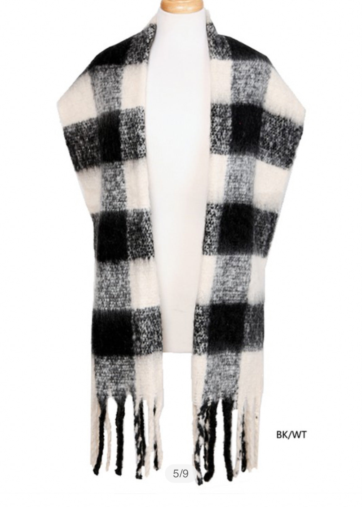 Buffalo Plaid Scarf, white and black buffalo plaid oblong scarf with  fringe. 