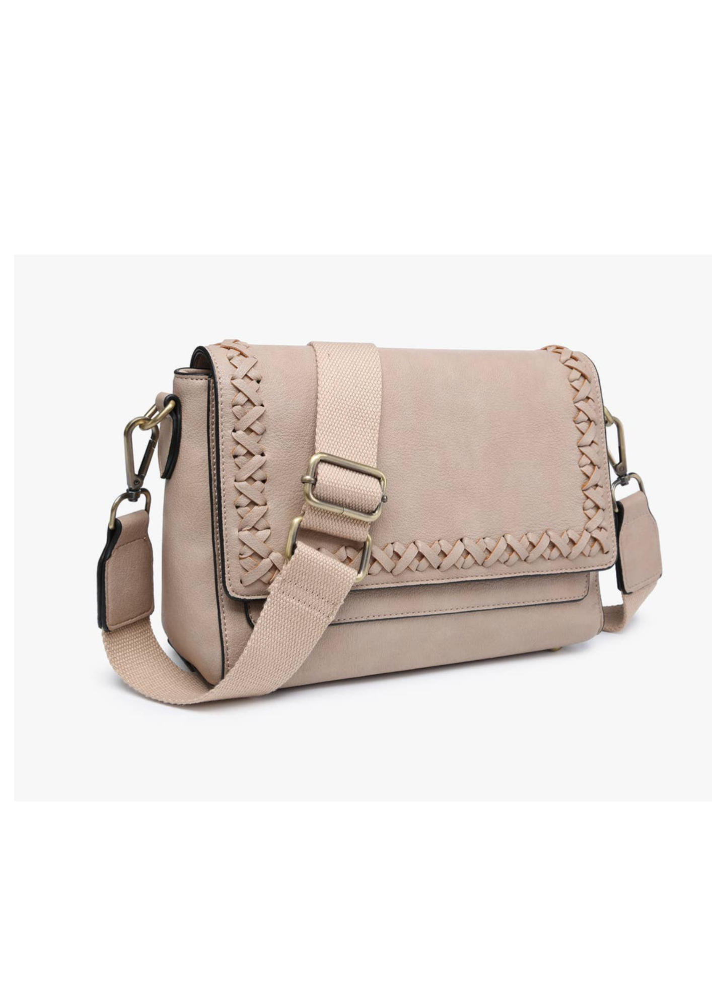 Vegan leather purse on beige with front flap over and stitch details. Flap has a magnetic closure and back has a zipper pocket. Strap is adjustable and can be used as a crossbody or shoulder bag. 