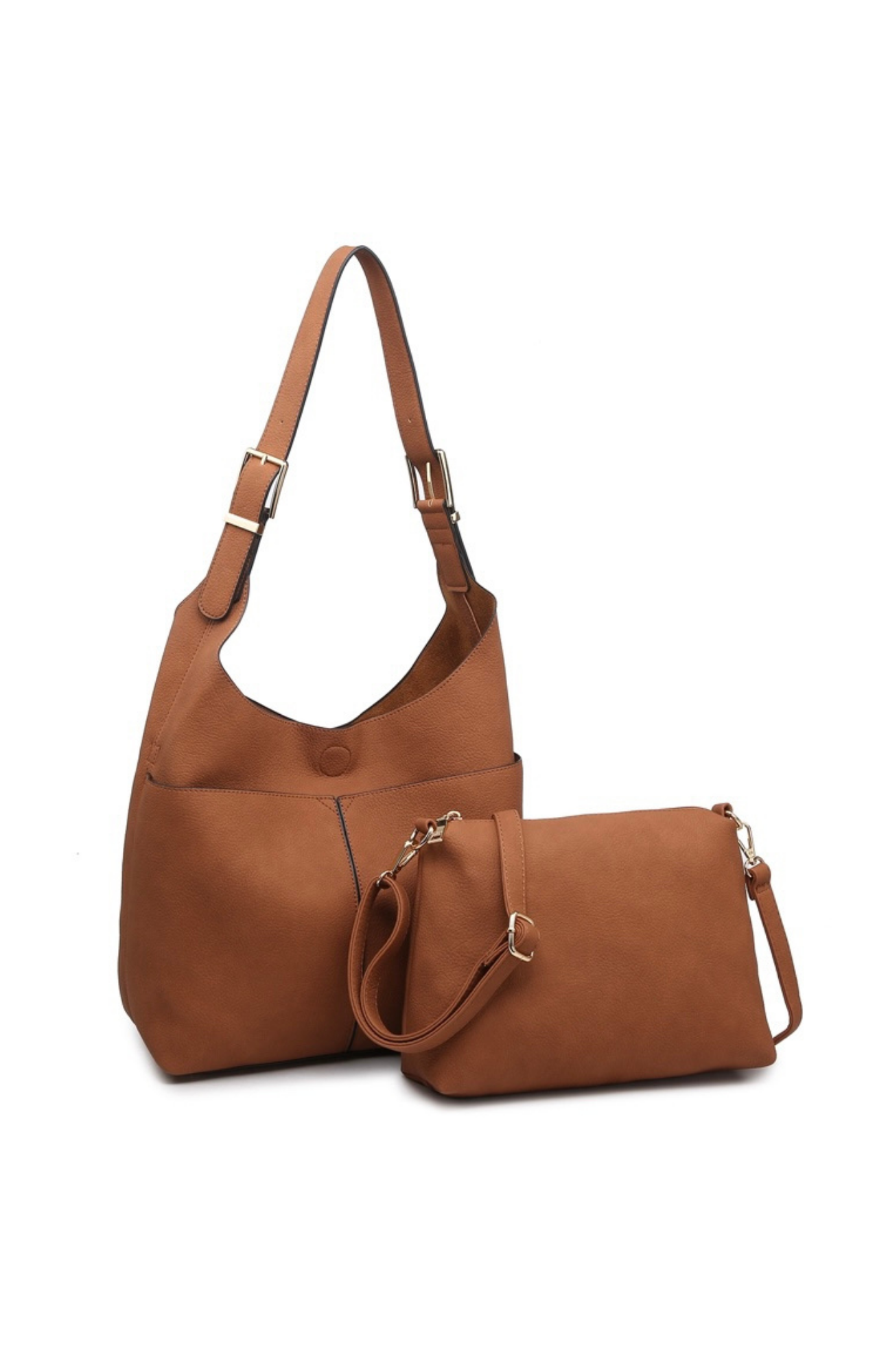 Brown Slouchy hobo bag with buckle adjustable strap, soft vegan leather, front slip pocket and detachable crossbody strap for inner bag that is included. Dimensions - 16” L x 12” H c 6” D
