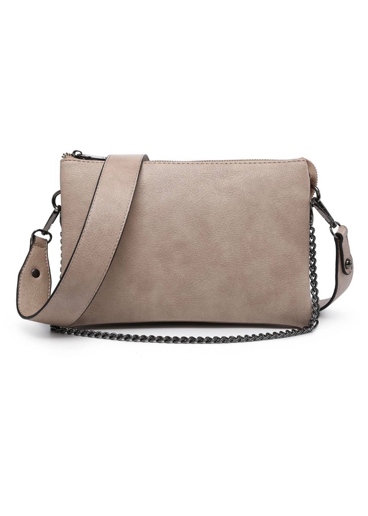 Camel vegan leather crossbody purse with  2 removable straps. One strap is gun metal chain and the other is a vegan leather crossbody. Purse is 10 x 7 x 2 and had 3 compartments inside. 