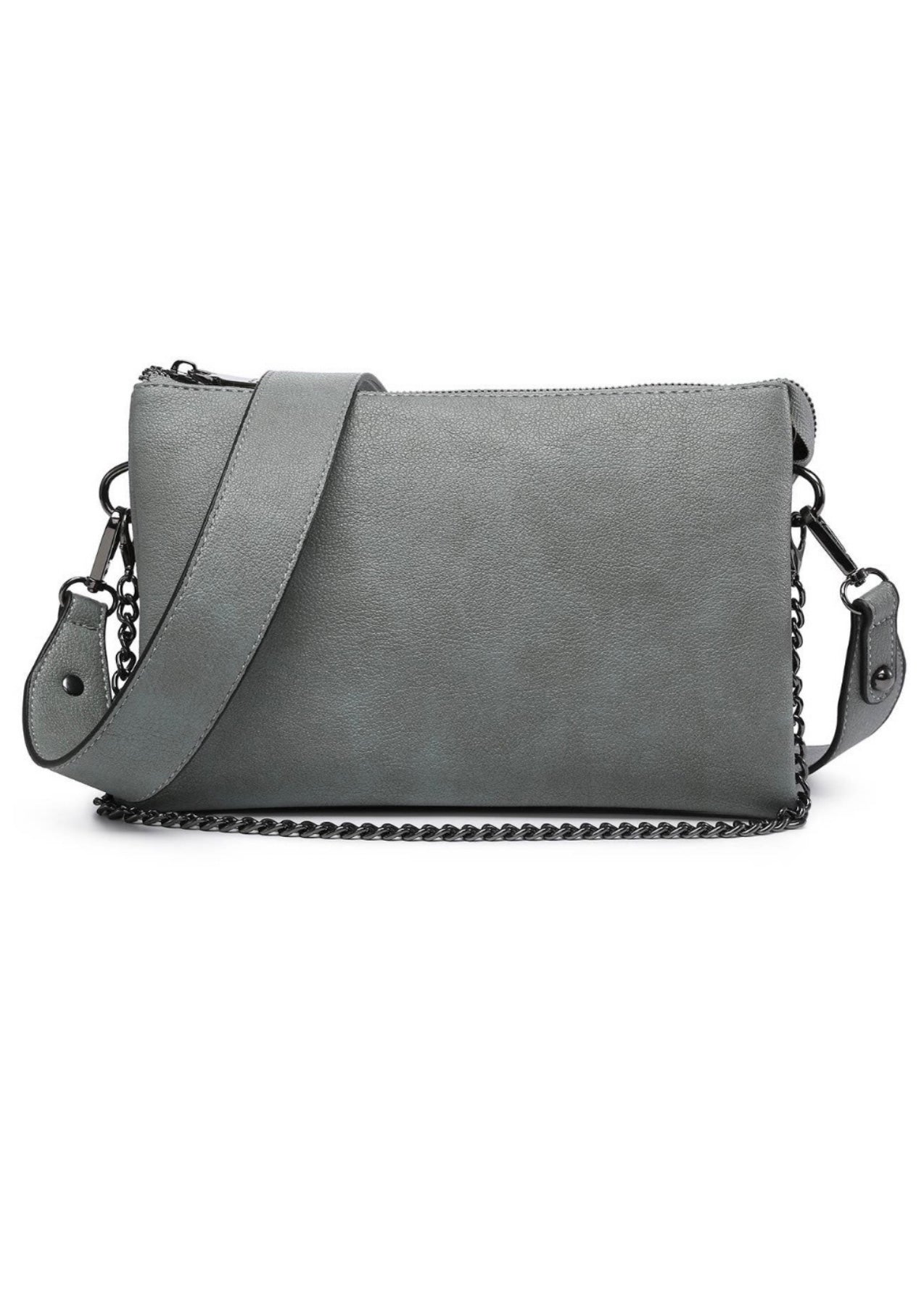 Earth Gray vegan leather crossbody purse with  2 removable straps. One strap is gun metal chain and the other is a vegan leather crossbody. Purse is 10 x 7 x 2 and had 3 compartments inside. 