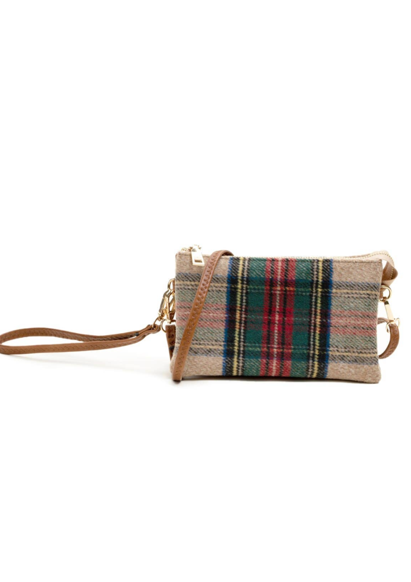 Plaid crossbody purse with tan base and blue, red, green, yellow and black plaid. 9 x 1.5 x 5 inches. Crossbody has gold hardware and comes with a brown vegan leather detachable wristlet and crossbody strap. 
