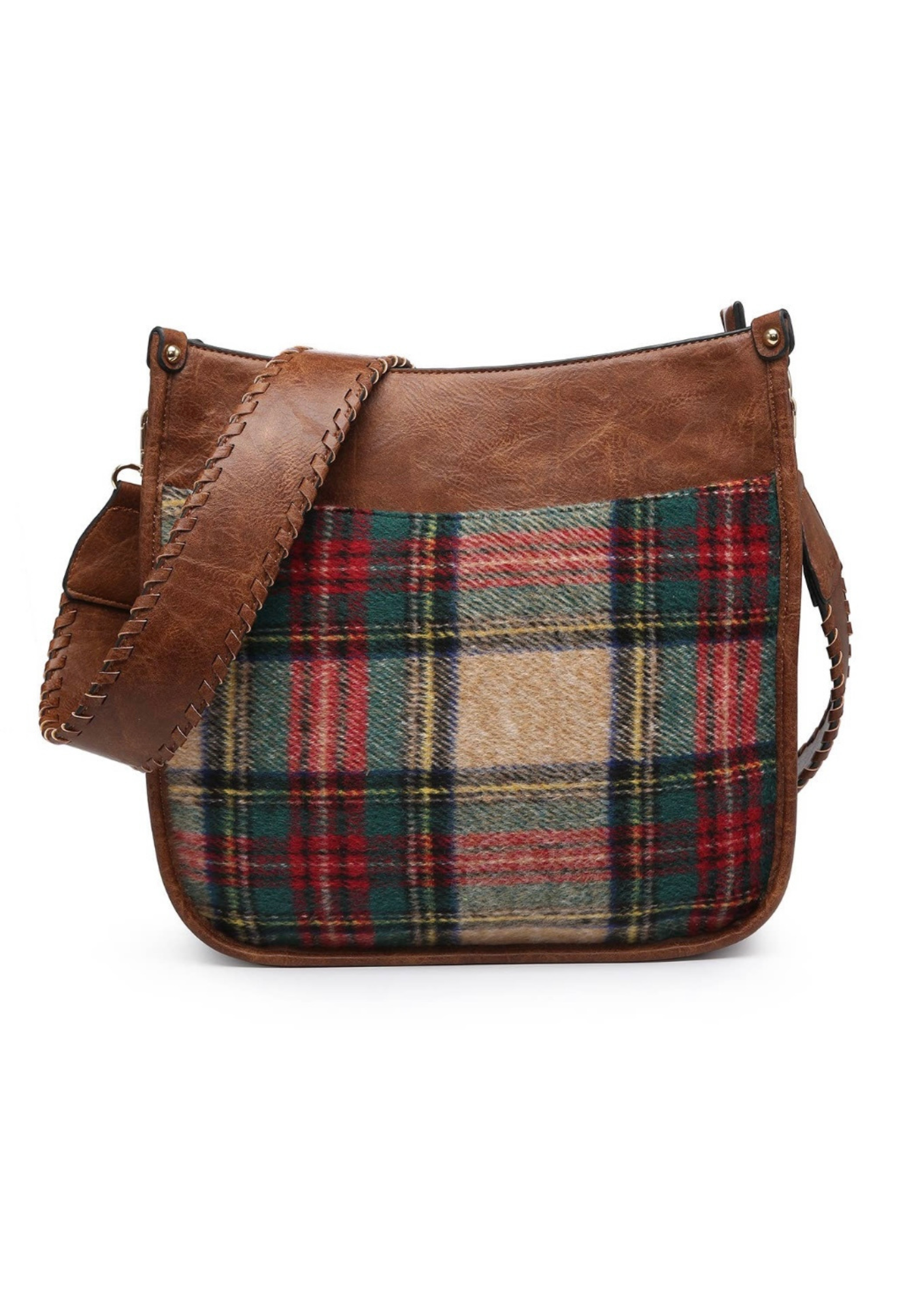 Holiday plaid crossbody handbag in a soft vegan leather with cloth plaid. Bag is12” x 11” x 3.5”